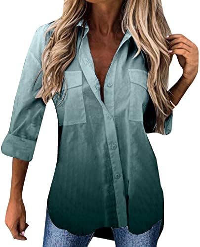 Жена случайни модерен топ с ръкави 3-4, ризи с дълъг ръкав, с модерна риза с джобове с градиентным принтом, многослойность