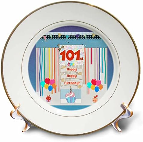 Триизмерен образ на етикет на 101-ия рожден ден, Торта, Свещи, балон, подарък, Серпентина - Чинии (cp-360411-1)