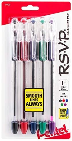 Химикалка писалка Pentel R. S. V. P., тънка линия, (0,7 мм), различни мастила, прозрачен корпус, 5 опаковки (BK90BP5M)
