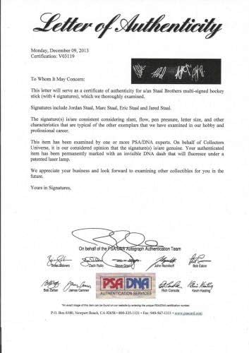 Братя Staal, Ерик, Джордан, Марк и Джаред, Подписано в пълен размер стика PSA/DNA LOA COA - Стик за хокей в НХЛ с автограф