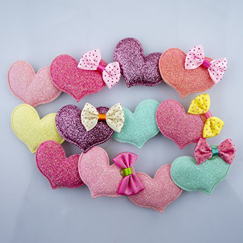 Щипки за коса-фиби за момичета ръчно изработени с пастелни Блестящи Сърца и бантиком в грах - Опаковка от 4 броя