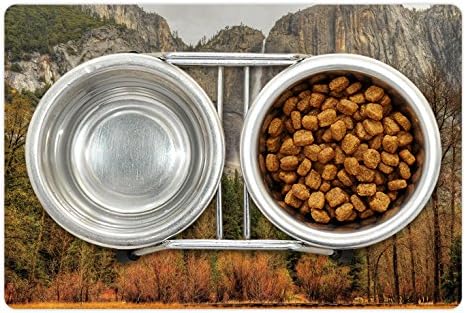 Подложка за домашни любимци Ambesonne Yosemite за храна и вода, Yosemite Водопади, Дървета, Планински Скала, Есенен Национален