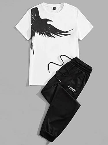 FDSUFDY/Мъжки облекла от две части, Мъжка тениска с графичен принтом и спортни панталони с завязками на талията (Цвят: