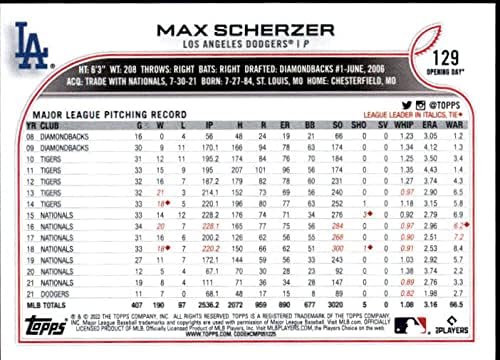 2022 Деня на откриването на Topps 129 Бейзболна картичка Макс Шерцера Лос Анджелис Доджърс МЕЙДЖЪР лийг бейзбол