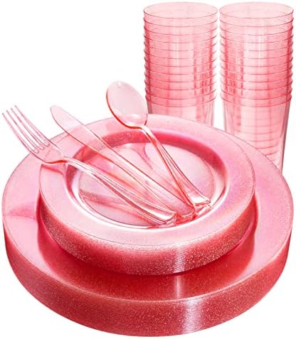 DaYammi 150 бр. Розови Пластмасови Чинии за Еднократна употреба, Определени Розова съдове Прозрачни Розови Вечерни чиния със сребърен блестящ дизайн включва 25 места за