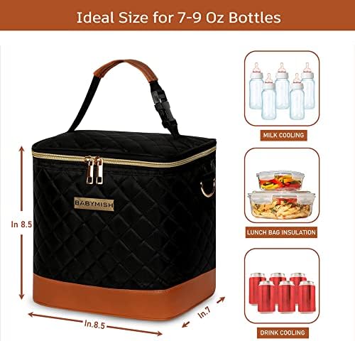 Водоустойчива чанта-хладилник за кърма с лед - с капацитет 6 бебешки шишета с тегло до 9 грама - Носен чанта за молокоотсоса с джапанки - Включва 2 торбички за съхранен