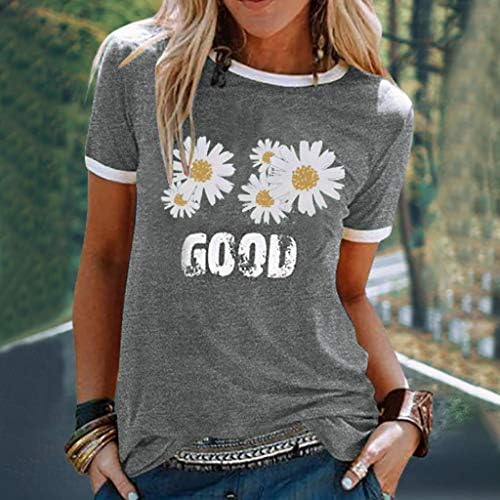 Тениска за жени, Модни Летни блузи с флорални принтом Маргаритки, Ежедневни Тениски с къс ръкав и кръгло деколте,