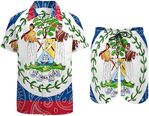 Мъжки Хавайски Комплект с Пейсли и Флага на Белиз, Комплект от 2 теми, Ризи с къс ръкав копчета, Плажни Панталони