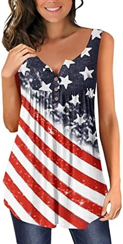 На 4 юли, Туники с Флага на САЩ, на Женската Риза, Прикрива Корема, Лятна Ежедневни Празнична Блуза с Къс Ръкав и V-образно деколте и копчета, Топ