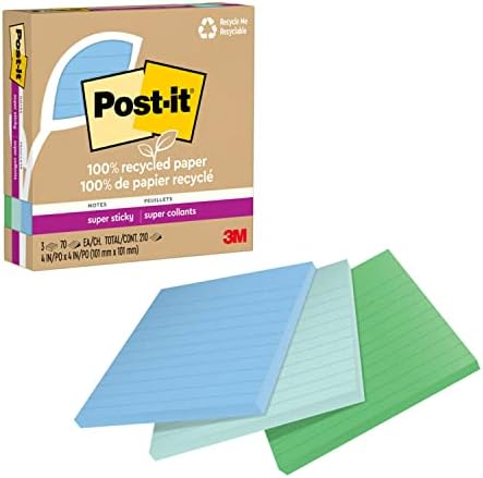 Бележки Post-it от рециклирана хартия Super Sticky Notes, в 2 пъти по-силата на залепване, 4x4 инча, 3