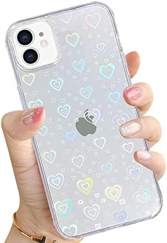 hzcwxqh Сладък Блестящ Прозрачен калъф за телефон с лазерни сърца, Съвместим с iPhone 11, Тънък Мек устойчив на удари калъф за жени и Момичета - Rainbow Сърце
