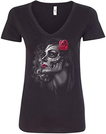 Женска тениска Day of The Dead Girl с V-Образно деколте и Черепа Dia de Los Muertos Roses