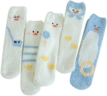 VESNIBA / 5 чифта женски Зимни Топли чорапи от коралов руно с Хубав утенком и флисовыми чорапи със средна дължина (Бял,