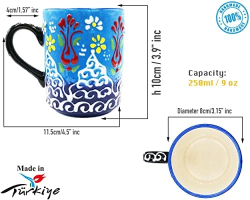 Турска Керамични Кафеена чаша с ръчно рисувани HeraCraft - 10 см /3.9 инча - 250 мл /9 унции - Кафе с Шоколад, Еспресо
