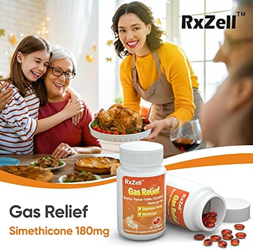 RXZELL Gas Relief, Симетикон максимална крепост 250 мг, 120 Капсули - Срещу метеоризма, Бързо премахва газове,