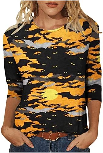 Тениска с кръгло деколте на Хелоуин, Дамски Модни Свободна Тениска с принтом, Блуза, със средна дължина, с 3/4 ръкави,