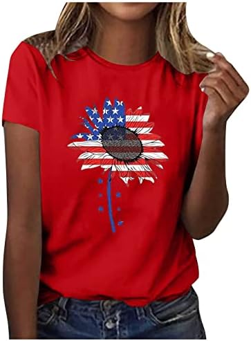 Тениска с изображение на Слънчоглед за Жени, Тениски в Звездна Лента, Тениска с кръгло деколте и Къс ръкав, Патриотични
