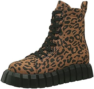 Sinzelimin / Дамски Модни Обувки от леопардового Флока до средата на Прасците на Удобна платформа с Кръгло бомбе, Ботильоны във военната стил