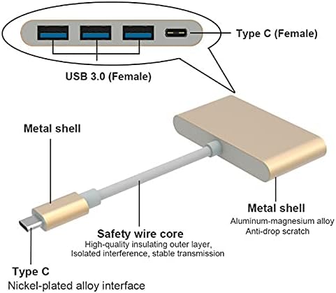 Високоскоростен пренос на данни CUJUX USB3.0, 5 Gbit/s Type C USB 3.1/PD + 3USB 3.0 ХЪБ-адаптер USB Type C Хъб (сребрист
