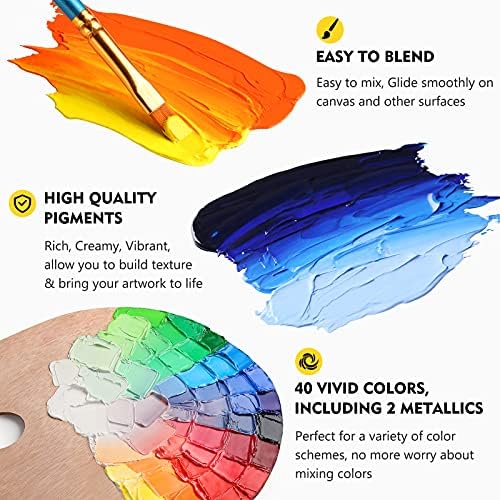 Набор от професионални маслени бои Magicfly, 40 Тюбиков (18 мл/0,6 грама), включително и Класически, Златист металик, Сребро и 3 Бели цветове, Ярки, Нетоксични бои за рисуване