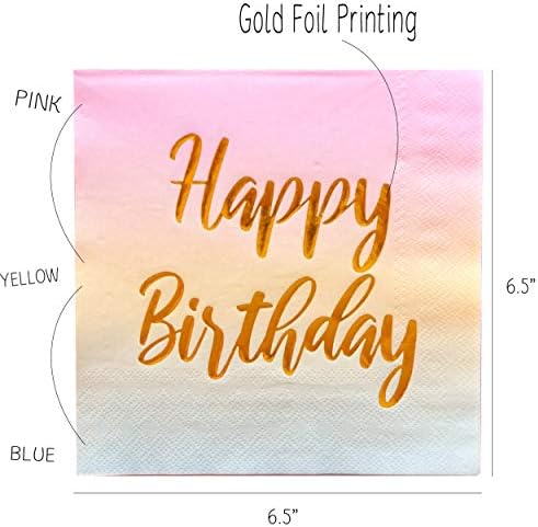 Салфетки честит рожден Ден - 50 опаковки за Еднократна употреба хартиени салфетки Пастельного метален цвят на рожден Ден с принтом златно фолио в розово-жълто-синьо