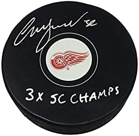 КРИС OSGOOD подписа на шайбата на Детройт Ред Уингс - Надпис 3x SC CHAMPS - за Миене на НХЛ с автограф