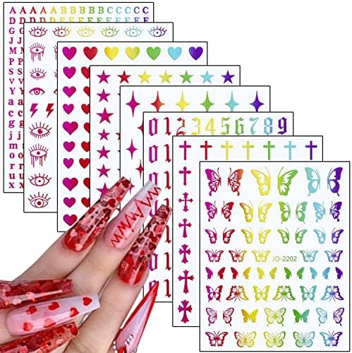 8 Листа Лазерни Етикети за Дизайн на ноктите, Букви във формата на пеперуда, Цифри, Звезда, Кръст Очите, Дизайн