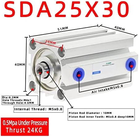 Диаметър на HYSOND 25 мм Ход 5/10/20/25/30/40/50/55/60/65/100 мм Компактен пневматичен бутален цилиндър SDA25 двойно действие, вътрешен (Цвят: ход 30 мм, размер: диаметър 25 мм)