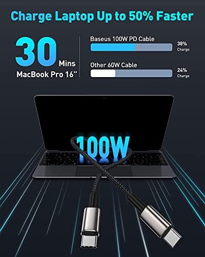 Кабел Baseus USB C, 100 W PD 5A QC 4.0 Кабел за бързо зареждане от USB C до C USB Кабел за пренос на данни Type C в найлонов оплетке от с сплав за Samsung S20 S21 + S10 Note 10 iPad Pro MacBook Pro Pixel Google и по - (10