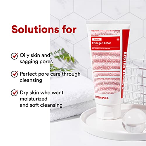 Medi-peel] Aesthe Derma Lacto Collagen Clear 300 мл | Корейска Почистване на пенка За лице | K-Beauty Skincare | Коллагеновое Почистващо средство | за Дълбоко почистване | Свиване на порите | Микро?