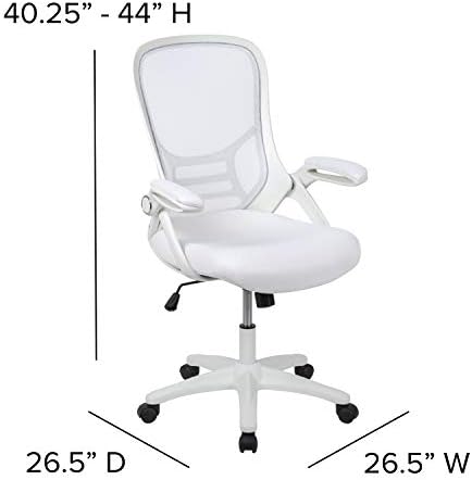 Ергономичен Офис стол с висока облегалка от бяла мрежа Flash Furniture с Бяла рамка и откидывающимися подлакътници