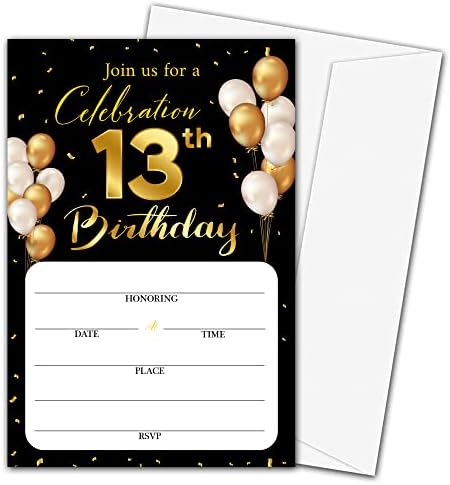 Покани Картички на 13-ти рожден ден в пликове - Класическа Златна тема Попълнете Празните Покани картички на парти по повод деня на раждането, за деца, тийнейджъри, м?