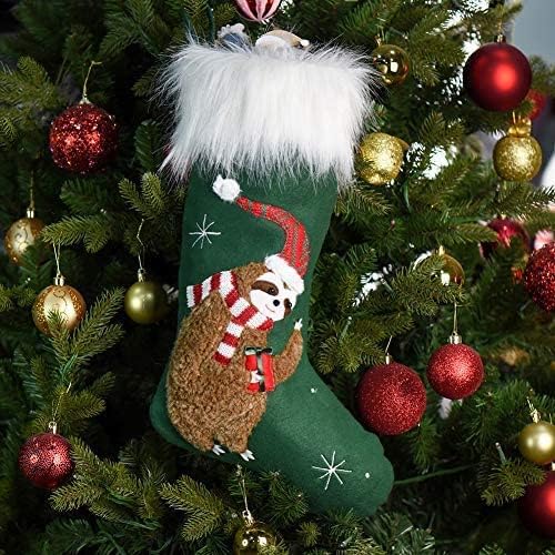 WORLDECO 2022 Персонализирани Коледна Украса За Отглеждане, Зелени Коледни Чорапи с Ленивцем, Плюшено Изкуствена