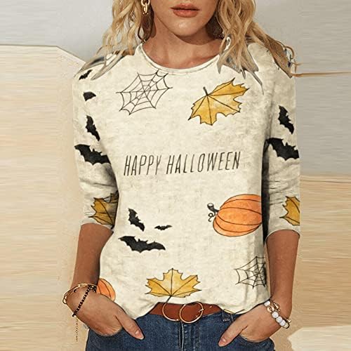 Хелоуин, Риза с 3/4 ръкав, Дамски Ежедневни Пуловер с Принтом, Модерен Топ с изображение на Котка Тиква, Тениска
