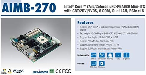 (DMC Тайван) Intel Core i7/i5/Celeron uFC-PGA989 Mini-ITX 1-во поколение с QM57, CRT /2DVI/LVDS, 6 COM, двойна локална