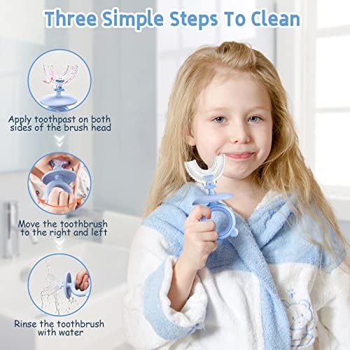 Набор от детски пасти за зъби U-образна форма от мек хранително силикон за почистване на зъбите на 360°, за деца 2-12 години с пясъка, където на 3 минути (6-12 години, синьо)