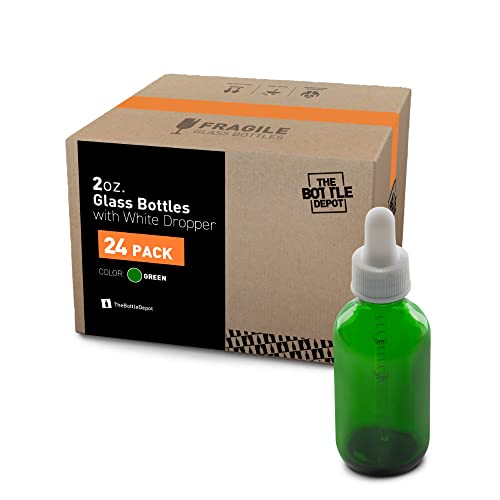 The Bottle Depot 8 Colrs Предлага на едро 24 опаковки зелени стъклени флакони по 2 унции с бяла взетия; Оптовое брой за етерични
