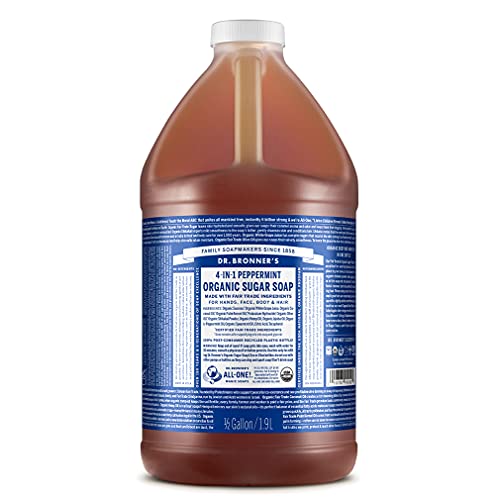 Dr. Bronner's - Органични сапун със захар (Мента, 64 унции) - Произведени от органични масла, захар и прах Шикакаи, 4 в 1 за ръце, тяло, лице и коса, Почиства, овлажнява и подхран