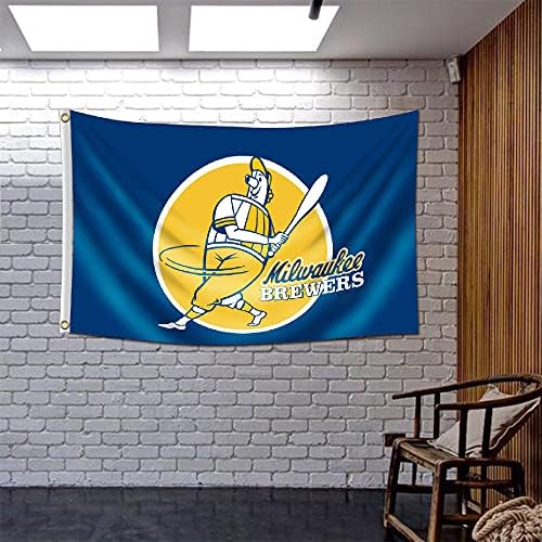 Банер ENMOON Milwaukee Brewers, Флаг 3x5 фута, Ретро Лого Barrelman (1970-77), Банер, Отлично подходящ за общежития на колежа,