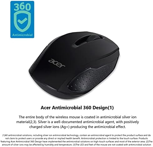 Безжична мишка Acer RF (черно), работи с Chromebook, с USB Plug and Play за дясна ръка /лява ръка (за Chromebook, КОМПЮТЪР с Windows и Mac) | Изцяло е покрита с кожух със защита от йони на сребро