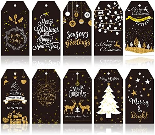 AnyDesign 120 бр. Коледни Подаръци Етикет на Черна Хартия, Фолио, Злато, весела Коледа, Висящи Етикети, Разнообразни