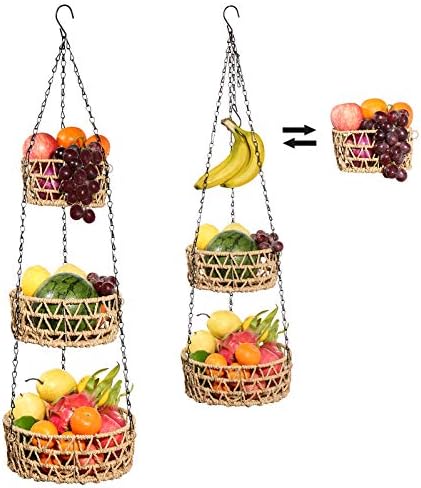 Подвесная Кошница за плодове Merysen, 3-Те Нива, Органайзер за Съхранение на Зеленчуци и плодове, Изтъкан от Хартиено Въже -