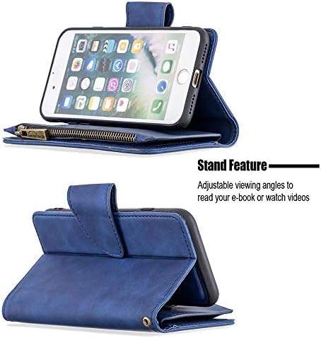 Чанта-портфейл XYX с цип за iPhone 12/12 Pro, Кожена Подвижна Магнитна чанта 2 в 1 джоб с 9 слота за карти и каишка за китката, Синьо