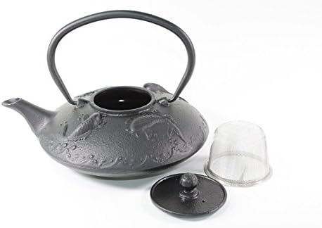 Японски Старинен 24 Течни Унции Черни Необичаен Шаран Koi Fish Чугун Чайник Tetsubin с приготвяне на чай + Подарък лък