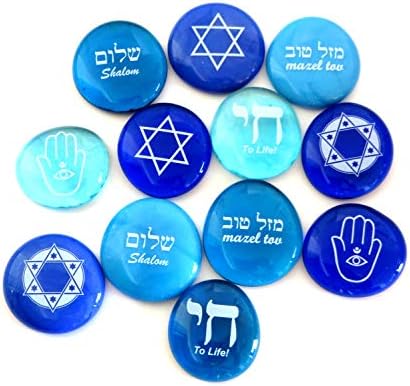 Камъни от иудаического стъкло: Чай, Звездата на Давид, Аншоа, Мазл Тов и Шалом в нюанси на синьо небе, Определени