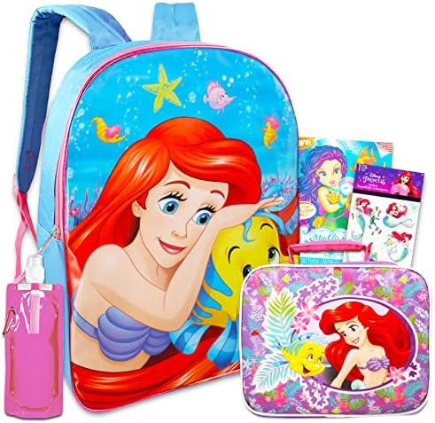 Раница и чанта за обяд Disney The Little Mermaid - Комплект с 15-инчов раница Ариел, кутия за обяд, бутилка Вода, стикери,