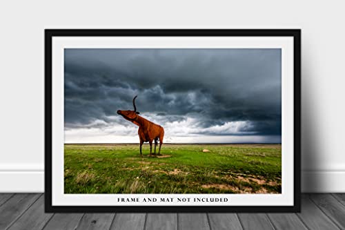 Западна фотография, Принт (без рамка), Изображение на Гигантска стоманена скулптура Лонгхорна Под грозовыми облаците в пролетен ден в Тексас, Стенно изкуство крави