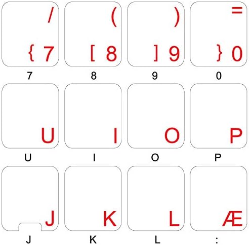 Етикети за клавиатура на датски език НА Прозрачен фон с ЧЕРВЕНИ букви