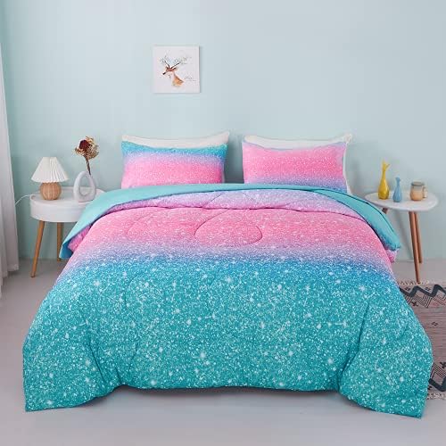 Комплект спално бельо YEARNING Пинк Stars в реален размер с Блестящ дизайн - Меки Стеганое одеало с 2 Наволочками за Момичета, юноши, Деца (7990)
