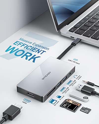 Хъб BYEASY 7 в 1 C USB адаптер 4K, HDMI, PD-изход USB C мощност 100 W, USB 3.0 * 2, четец на SD / Micro SD слот,